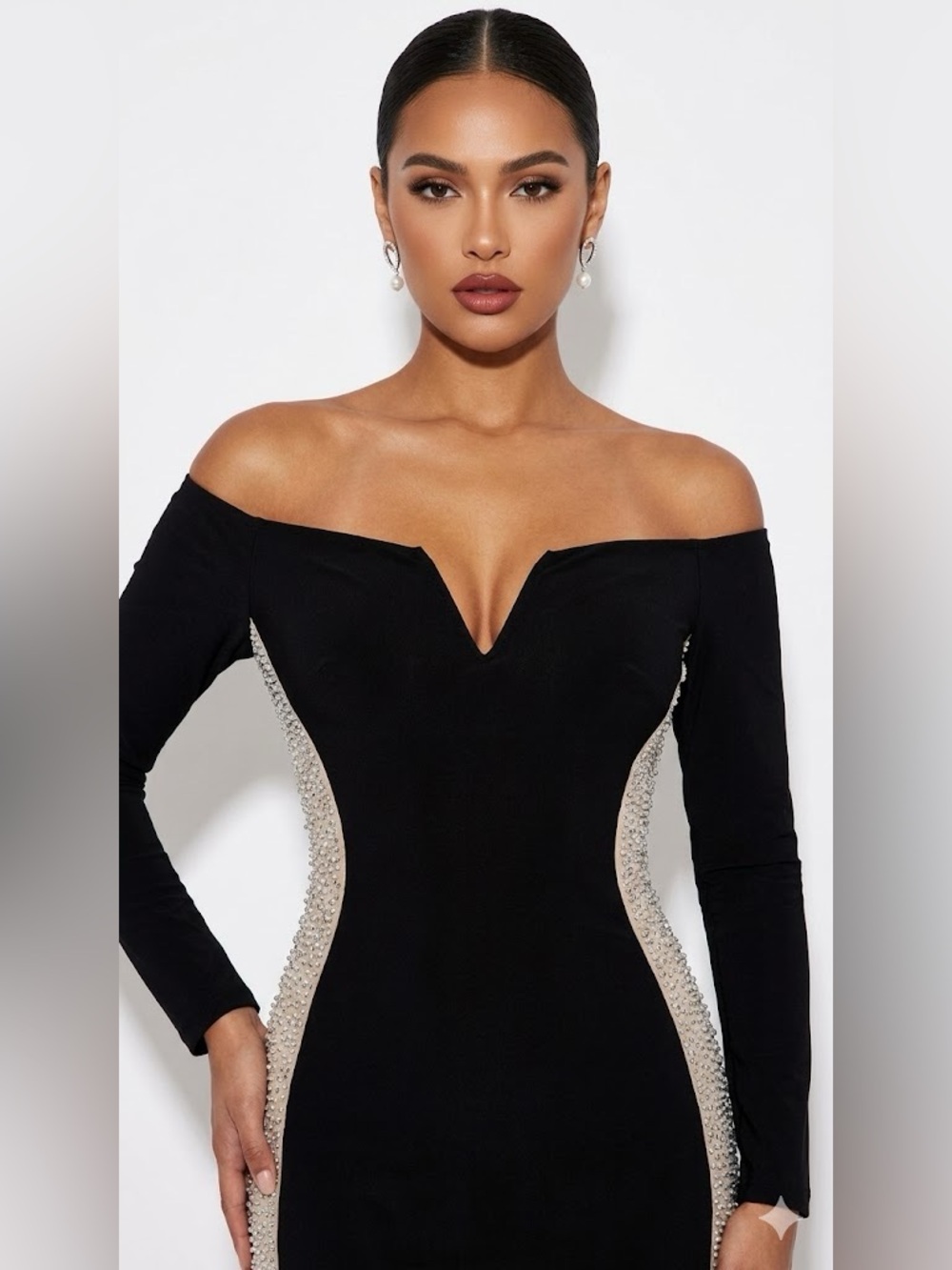 Xscape Black Off-Shoulder Long Sleeve Gown Crystal Embellishment Side Panels - Picture 2 of 16